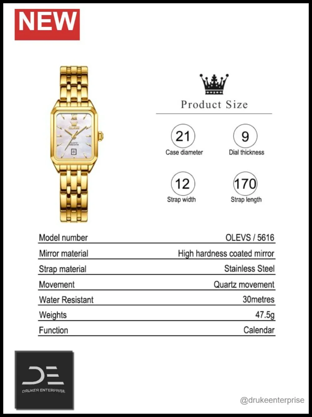 Square Stainless Steel Bracelet Watch with Date, Quartz Movement, Water